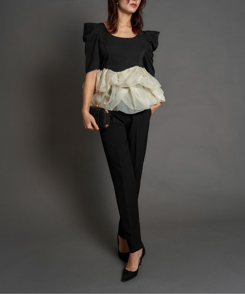 My shawty(マイシャウティー)の「pearl peplum set up(パンツドレス・レディース・ベージュ/ブラック×ホワイト・MEDIUM/SMALL)」の9枚目の写真