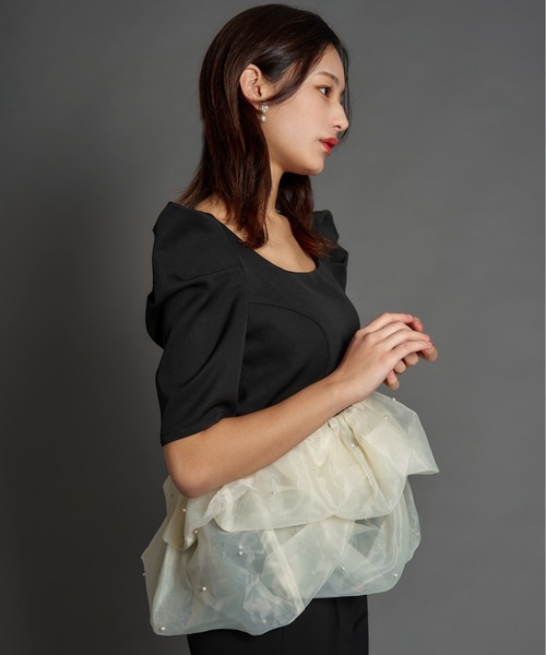 My shawty(マイシャウティー)の「pearl peplum set up(パンツドレス・レディース・ベージュ/ブラック×ホワイト・MEDIUM/SMALL)」の10枚目の写真