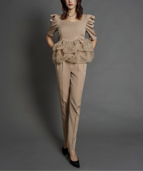 My shawty(マイシャウティー)の「pearl peplum set up(パンツドレス・レディース・ベージュ/ブラック×ホワイト・MEDIUM/SMALL)」の21枚目の写真
