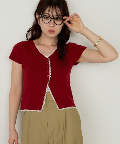 Cherir Mignon(シェリルミニョン)の「【Cherir Mignon】レース半袖コンパクトニットカーディガン/プルオーバー(カーディガン/ボレロ・レディース・レッド/グレー・FREE)」の10枚目の写真