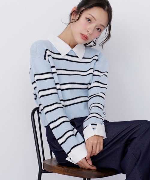 JILL by JILL STUART(ジルバイジルスチュアート)の「衿付きクロップドゆるニット(ニット/セーター・レディース・ブルー系その他/ネイビー/ピンク系その他・FREE)」の1枚目の写真