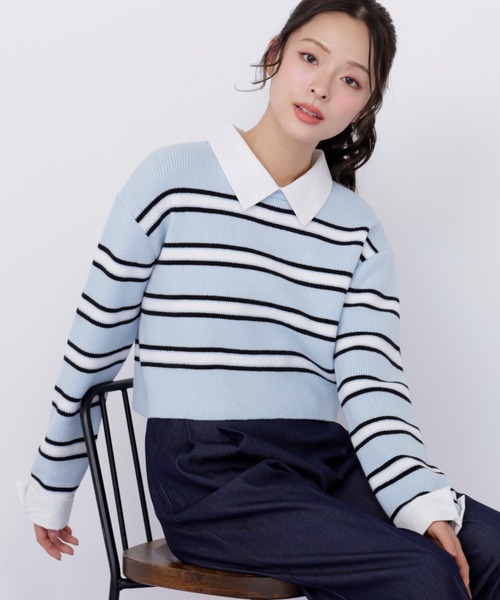 JILL by JILL STUART(ジルバイジルスチュアート)の「衿付きクロップドゆるニット(ニット/セーター・レディース・ブルー系その他/ネイビー/ピンク系その他・FREE)」の4枚目の写真
