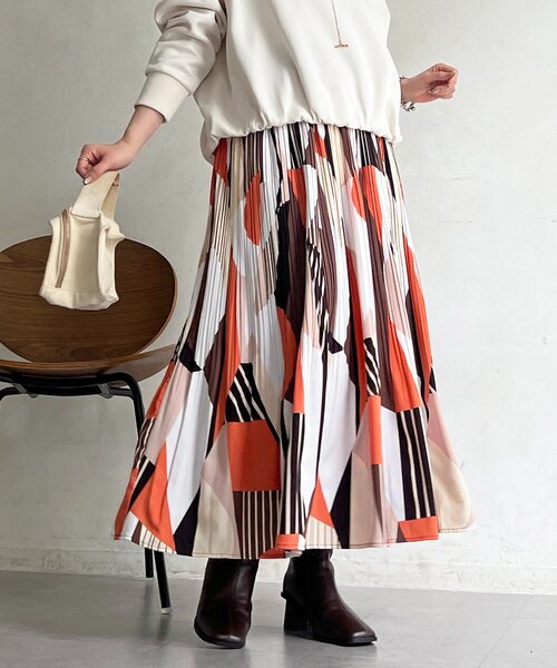 un dix cors（アンディコール）の「幾何柄プリーツスカート（スカート・レディース・グリーン/オレンジ・FREE）」の15枚目の写真