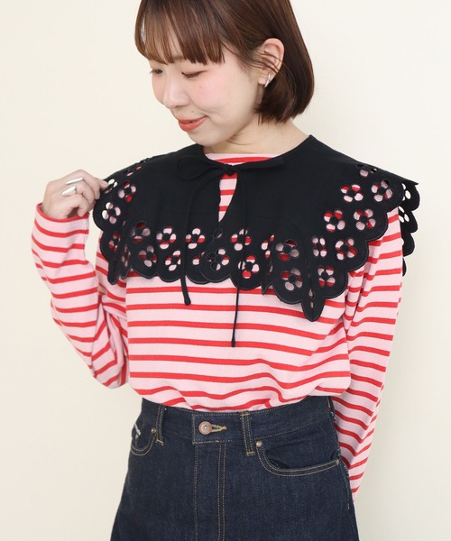 Dot&Stripes CHILD WOMAN(ドットアンドストライプス チャイルドウーマン)の「コットンリネンキャンバス フラワーカットワーク スクエア付け襟(付け襟・レディース・ホワイト/ブラック・FREE)」の2枚目の写真