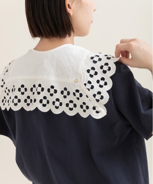Dot＆Stripes CHILD WOMAN（ドットアンドストライプス　チャイルドウーマン）の「コットンリネンキャンバス フラワーカットワーク スクエア付け襟（付け襟・レディース・ホワイト・FREE）」の6枚目の写真
