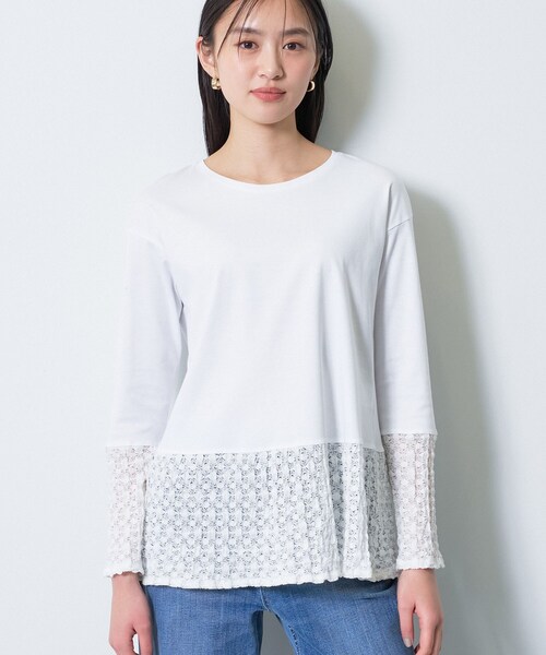 INDIVI（インディヴィ）の「【洗える／レイヤードにおすすめ】シャーリングレース ロングTシャツ（Tシャツ/カットソー・レディース・ブラック/ホワイト・34/19/15 /13/05/38）」の12枚目の写真