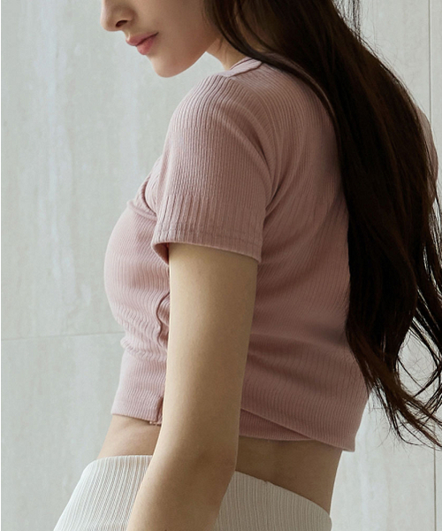 DEVIWEAR(デヴィウェア)の「トゥウィング リブ ショートスリーブ DEVI-T0072-アッシュピンク(Tシャツ/カットソー・レディース・ピンク・FREE)」の5枚目の写真
