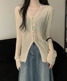 透かし編みVネックニット フロントボタン