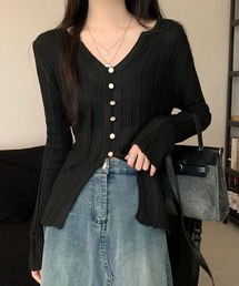 透かし編みVネックニット フロントボタン
