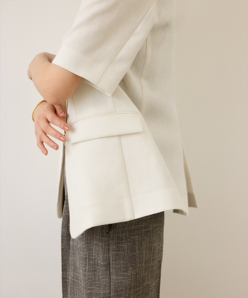 ROPE'（ロペ）の「リネンハーフスリーブノーカラー半袖ジャケット（ノーカラージャケット・レディース・ブラック/キナリ・38/36）」の4枚目の写真