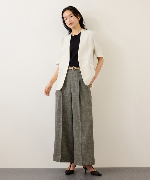 ROPE'（ロペ）の「リネンハーフスリーブノーカラー半袖ジャケット（ノーカラージャケット・レディース・ブラック/キナリ・38/36）」の6枚目の写真