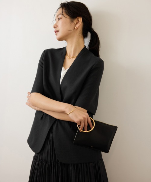 ROPE'（ロペ）の「リネンハーフスリーブノーカラー半袖ジャケット（ノーカラージャケット・レディース・ブラック/キナリ・38/36）」の14枚目の写真