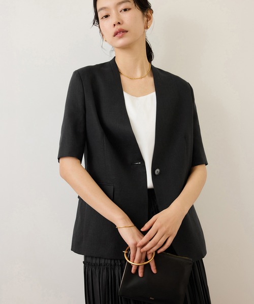 ROPE'（ロペ）の「リネンハーフスリーブノーカラー半袖ジャケット（ノーカラージャケット・レディース・ブラック/キナリ・38/36）」の15枚目の写真