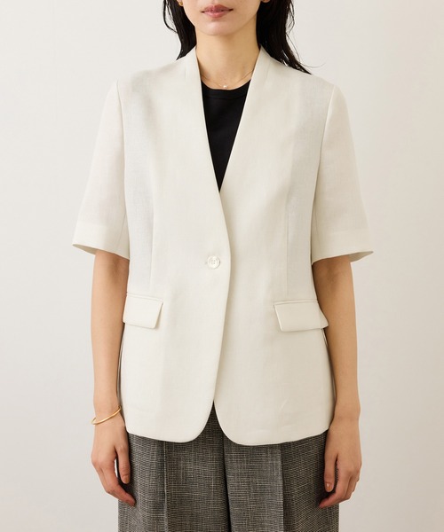 ROPE'（ロペ）の「リネンハーフスリーブノーカラー半袖ジャケット（ノーカラージャケット・レディース・ブラック/キナリ・38/36）」の16枚目の写真