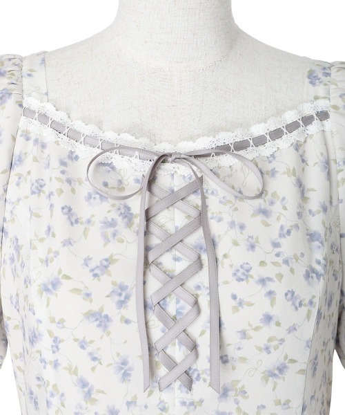 F i.n.t（フィント）の「リボンアイビーフラワー柄レースアップワンピース（ワンピース・レディース・ブラック×ブルー/アイボリー・FREE）」の9枚目の写真