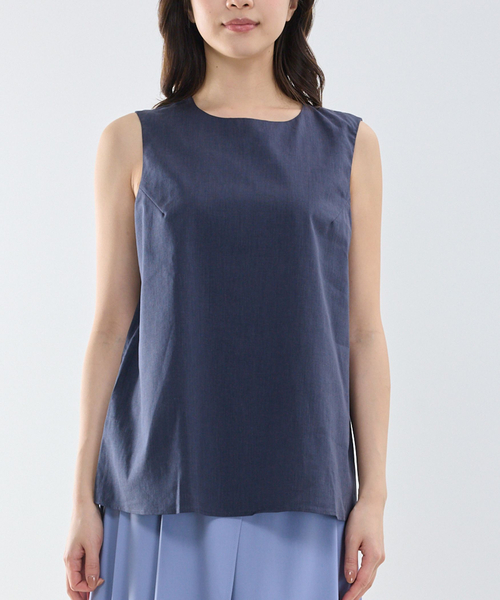 NARACAMICIE(ナラカミーチェ)の「【NARACAMICIE】ポリ麻ノースリーブ(シャツ/ブラウス・レディース・ネイビー/ブラウン・M)」の3枚目の写真