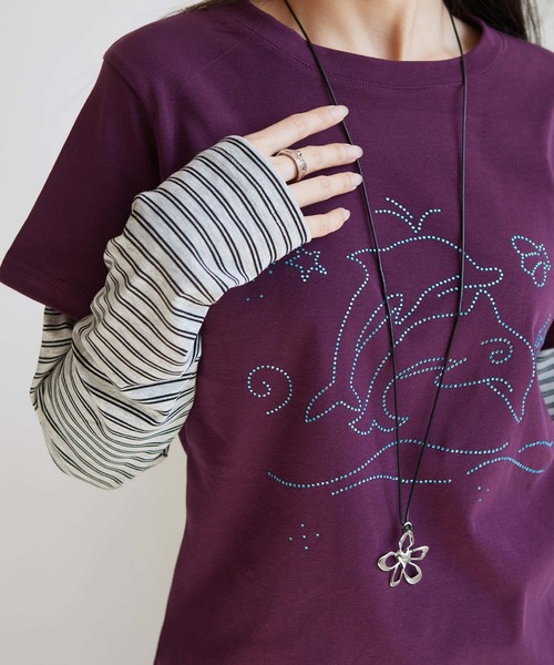 MAISON DE THERESE(メゾン ド テレーズ)の「レトロ ストーン ストライプスリーブ レイヤード風 長袖 T シャツ(Tシャツ/カットソー・レディース・パープル/ブラック・M)」の8枚目の写真