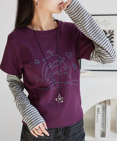 MAISON DE THERESE(メゾン ド テレーズ)の「レトロ ストーン ストライプスリーブ レイヤード風 長袖 T シャツ(Tシャツ/カットソー・レディース・パープル/ブラック・M)」の6枚目の写真