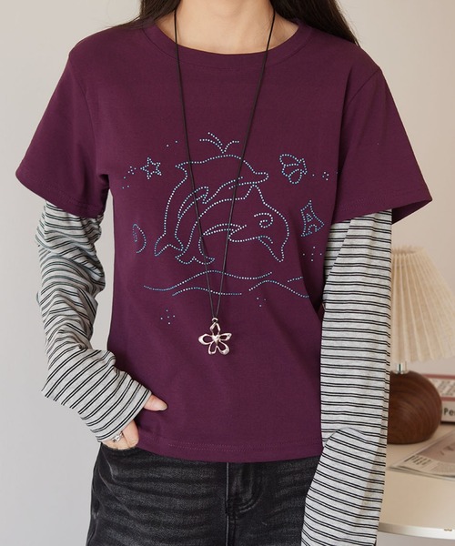 MAISON DE THERESE(メゾン ド テレーズ)の「レトロ ストーン ストライプスリーブ レイヤード風 長袖 T シャツ(Tシャツ/カットソー・レディース・パープル/ブラック・M)」の7枚目の写真
