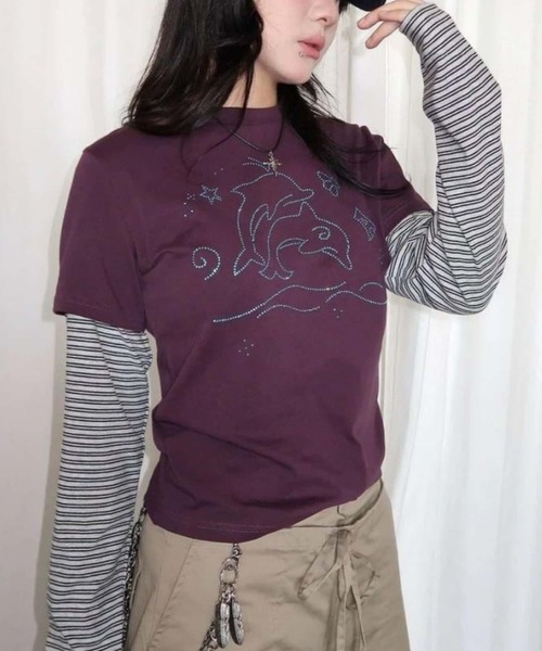 MAISON DE THERESE(メゾン ド テレーズ)の「レトロ ストーン ストライプスリーブ レイヤード風 長袖 T シャツ(Tシャツ/カットソー・レディース・パープル/ブラック・M)」の5枚目の写真