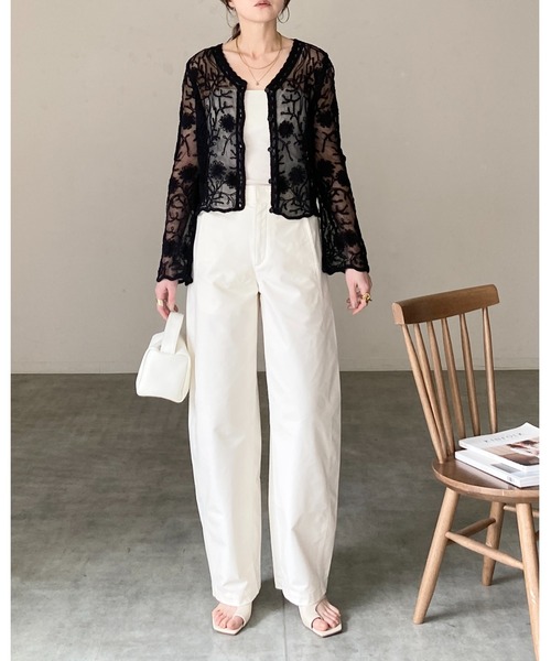 Chloe38カシミア　アイボリー レース カーディガン 長袖 長袖 ショート丈 かぎ針編み クロシェレースカーディガン