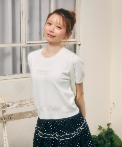 candy pop tee ニット Tシャツ ドット 半袖 シースルー 白 新品 セール】ワンポイントロゴ入り半袖ニット（Tシャツ/カットソー