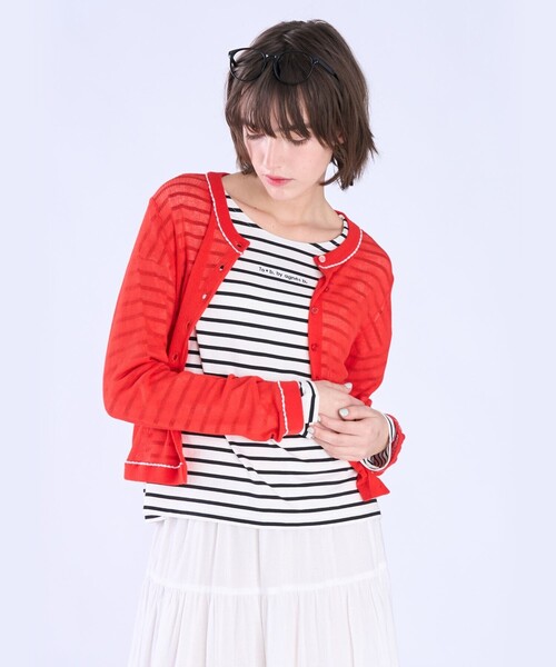 To b. by agnes b.(トゥービーバイアニエスベー)の「シアー リブ 長袖 ニット カーディガン(カーディガン/ボレロ・レディース・レッド・FREE)」の1枚目の写真