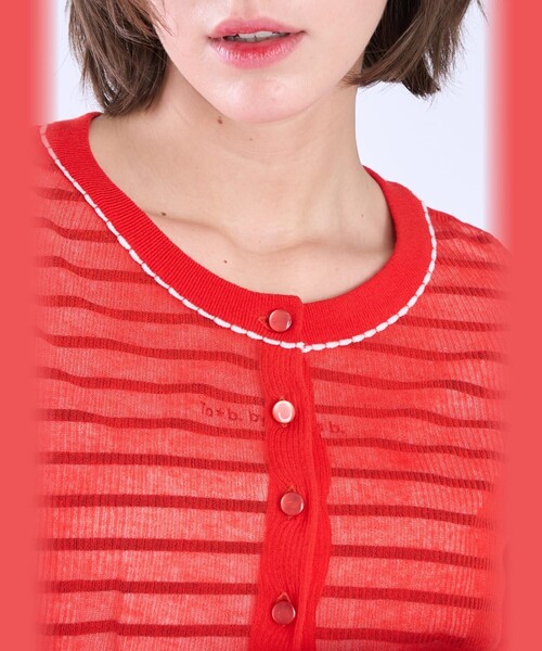 To b. by agnes b.(トゥービーバイアニエスベー)の「シアー リブ 長袖 ニット カーディガン(カーディガン/ボレロ・レディース・レッド・FREE)」の6枚目の写真