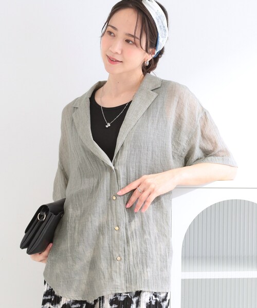 SHOO・LA・RUE(シューラルー)の「【S-LL】大人のシアー感 さっと羽織れる 半袖シャツジャケット(テーラードジャケット・レディース・グレー/ベージュ・04/03/02/01)」の1枚目の写真