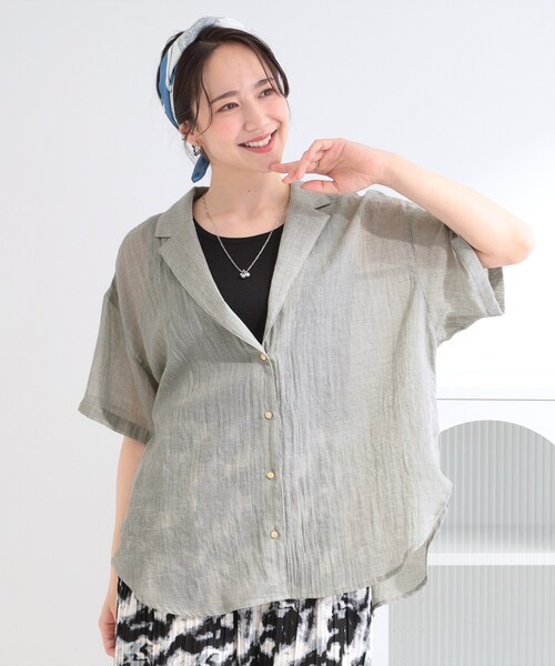 SHOO・LA・RUE(シューラルー)の「【S-LL】大人のシアー感 さっと羽織れる 半袖シャツジャケット(テーラードジャケット・レディース・グレー/ベージュ・04/03/02/01)」の9枚目の写真