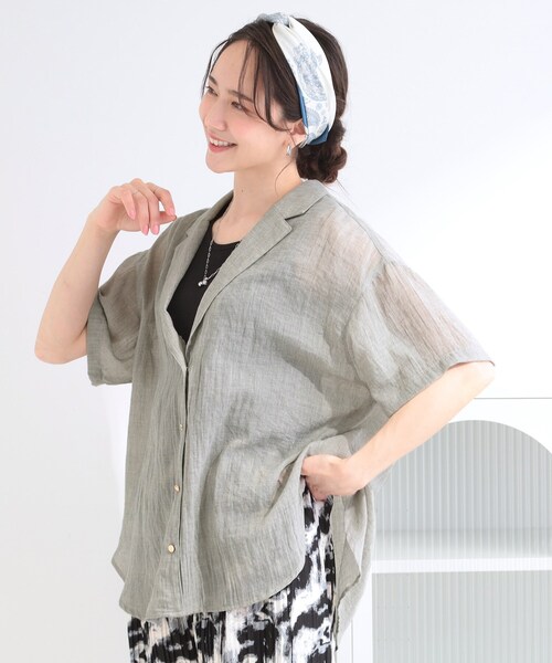 SHOO・LA・RUE(シューラルー)の「【S-LL】大人のシアー感 さっと羽織れる 半袖シャツジャケット(テーラードジャケット・レディース・グレー/ベージュ・04/03/02/01)」の10枚目の写真