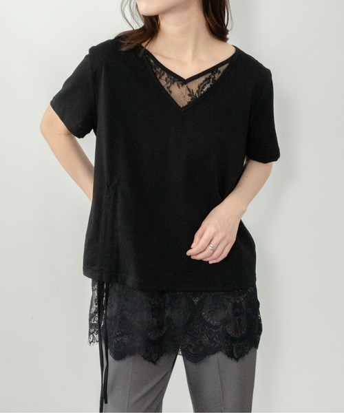 on:nue（オンニュ）の「【on:nue】[着用動画あり！] レースレイヤードドロストTシャツ（Tシャツ/カットソー・レディース・アイボリー/ブラック・FREE）」の2枚目の写真