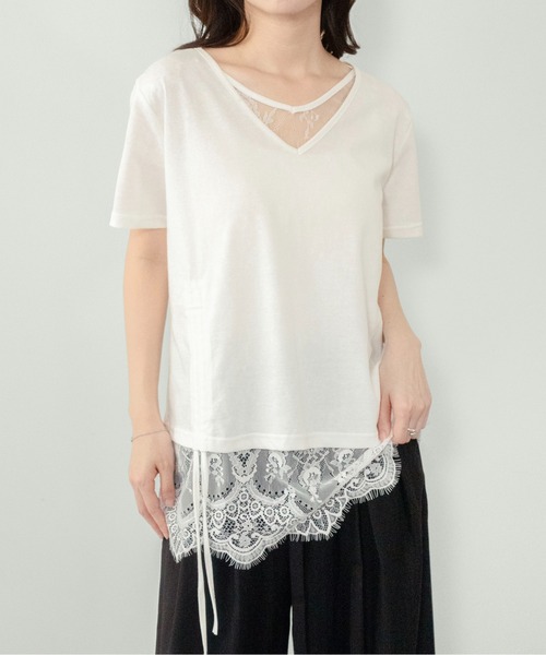 on:nue（オンニュ）の「【on:nue】[着用動画あり！] レースレイヤードドロストTシャツ（Tシャツ/カットソー・レディース・アイボリー/ブラック・FREE）」の3枚目の写真