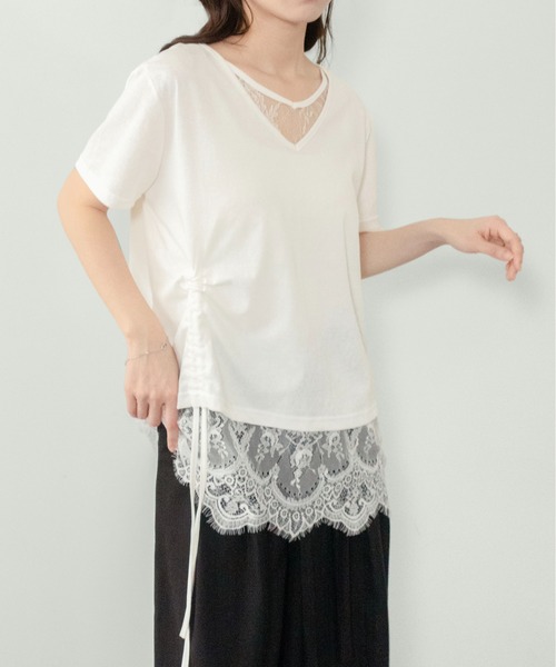 on:nue（オンニュ）の「【on:nue】[着用動画あり！] レースレイヤードドロストTシャツ（Tシャツ/カットソー・レディース・アイボリー/ブラック・FREE）」の5枚目の写真