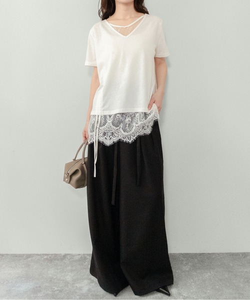 on:nue（オンニュ）の「【on:nue】[着用動画あり！] レースレイヤードドロストTシャツ（Tシャツ/カットソー・レディース・アイボリー/ブラック・FREE）」の8枚目の写真