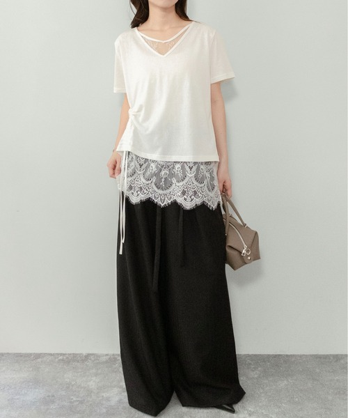 on:nue（オンニュ）の「【on:nue】[着用動画あり！] レースレイヤードドロストTシャツ（Tシャツ/カットソー・レディース・アイボリー/ブラック・FREE）」の9枚目の写真