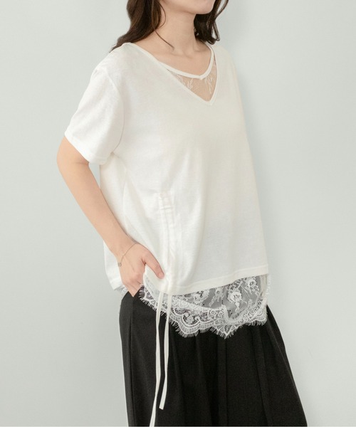 on:nue（オンニュ）の「【on:nue】[着用動画あり！] レースレイヤードドロストTシャツ（Tシャツ/カットソー・レディース・アイボリー/ブラック・FREE）」の6枚目の写真