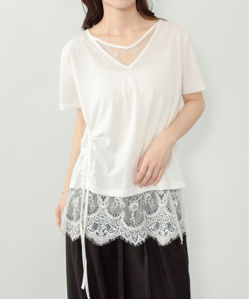 on:nue（オンニュ）の「【on:nue】[着用動画あり！] レースレイヤードドロストTシャツ（Tシャツ/カットソー・レディース・アイボリー/ブラック・FREE）」の7枚目の写真