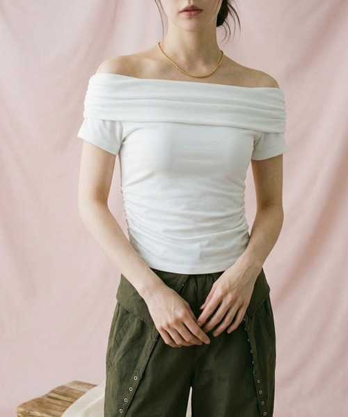 VIVID LADY(ビビッドレディー)の「オフショルダー ウエストシャーリング 半袖トップス(Tシャツ/カットソー・レディース・ホワイト/ダークブラウン/モカ・FREE)」の20枚目の写真