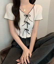 フロントリボン&メロウフリルが可愛い クロップド リブTシャツ カットソー
