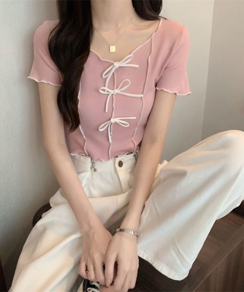 Beststore(ベストストア)の「フロントリボン&メロウフリルが可愛い クロップド リブTシャツ カットソー(Tシャツ/カットソー・レディース・ブラック/ピンク/ホワイト/イエロー/グリーン系・FREE)」の13枚目の写真