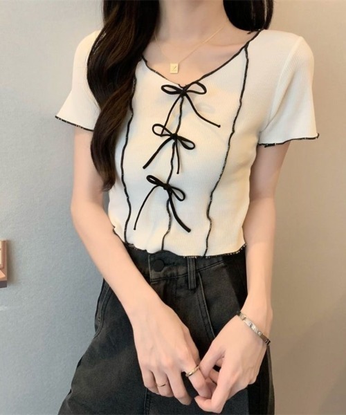 Beststore(ベストストア)の「フロントリボン&メロウフリルが可愛い クロップド リブTシャツ カットソー(Tシャツ/カットソー・レディース・ブラック/ピンク/ホワイト/イエロー/グリーン系・FREE)」の6枚目の写真