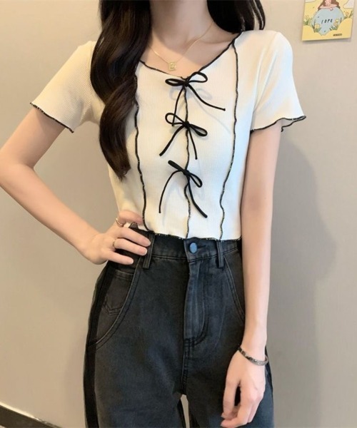 Beststore(ベストストア)の「フロントリボン&メロウフリルが可愛い クロップド リブTシャツ カットソー(Tシャツ/カットソー・レディース・ブラック/ピンク/ホワイト/イエロー/グリーン系・FREE)」の7枚目の写真