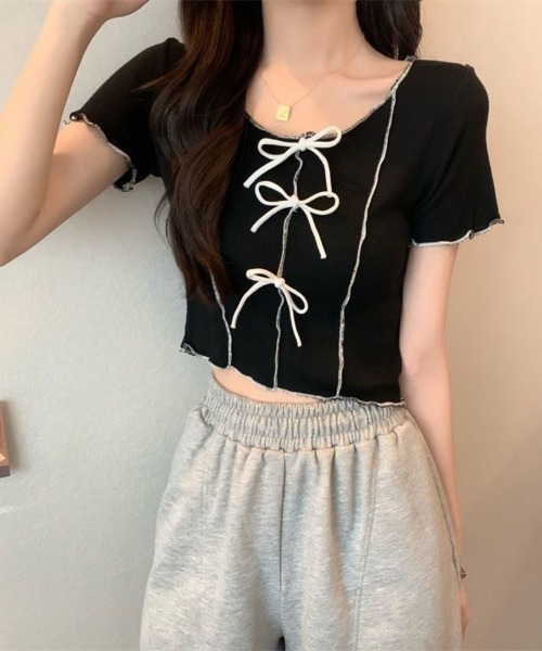 Beststore(ベストストア)の「フロントリボン&メロウフリルが可愛い クロップド リブTシャツ カットソー(Tシャツ/カットソー・レディース・ブラック/ピンク/ホワイト/イエロー/グリーン系・FREE)」の9枚目の写真