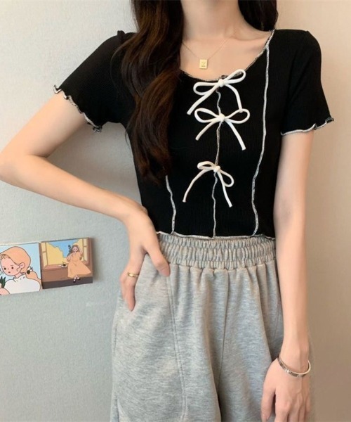 Beststore(ベストストア)の「フロントリボン&メロウフリルが可愛い クロップド リブTシャツ カットソー(Tシャツ/カットソー・レディース・ブラック/ピンク/ホワイト/イエロー/グリーン系・FREE)」の10枚目の写真