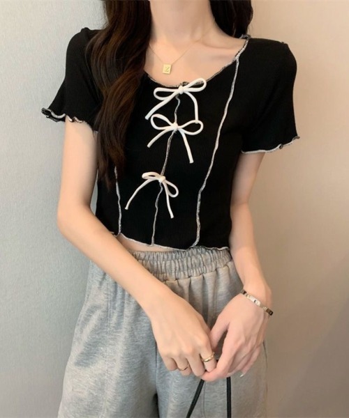 Beststore(ベストストア)の「フロントリボン&メロウフリルが可愛い クロップド リブTシャツ カットソー(Tシャツ/カットソー・レディース・ブラック/ピンク/ホワイト/イエロー/グリーン系・FREE)」の11枚目の写真