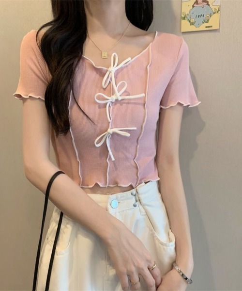 Beststore(ベストストア)の「フロントリボン&メロウフリルが可愛い クロップド リブTシャツ カットソー(Tシャツ/カットソー・レディース・ブラック/ピンク/ホワイト/イエロー/グリーン系・FREE)」の12枚目の写真