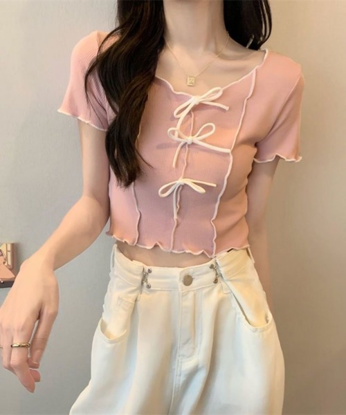 Beststore(ベストストア)の「フロントリボン&メロウフリルが可愛い クロップド リブTシャツ カットソー(Tシャツ/カットソー・レディース・ブラック/ピンク/ホワイト/イエロー/グリーン系・FREE)」の14枚目の写真