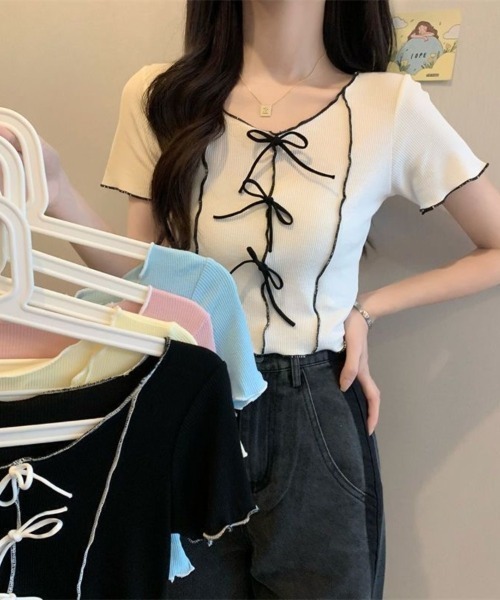 Beststore(ベストストア)の「フロントリボン&メロウフリルが可愛い クロップド リブTシャツ カットソー(Tシャツ/カットソー・レディース・ブラック/ピンク/ホワイト/イエロー/グリーン系・FREE)」の20枚目の写真