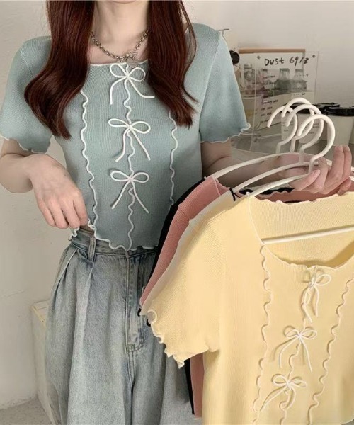 Beststore(ベストストア)の「フロントリボン&メロウフリルが可愛い クロップド リブTシャツ カットソー(Tシャツ/カットソー・レディース・ブラック/ピンク/ホワイト/イエロー/グリーン系・FREE)」の19枚目の写真